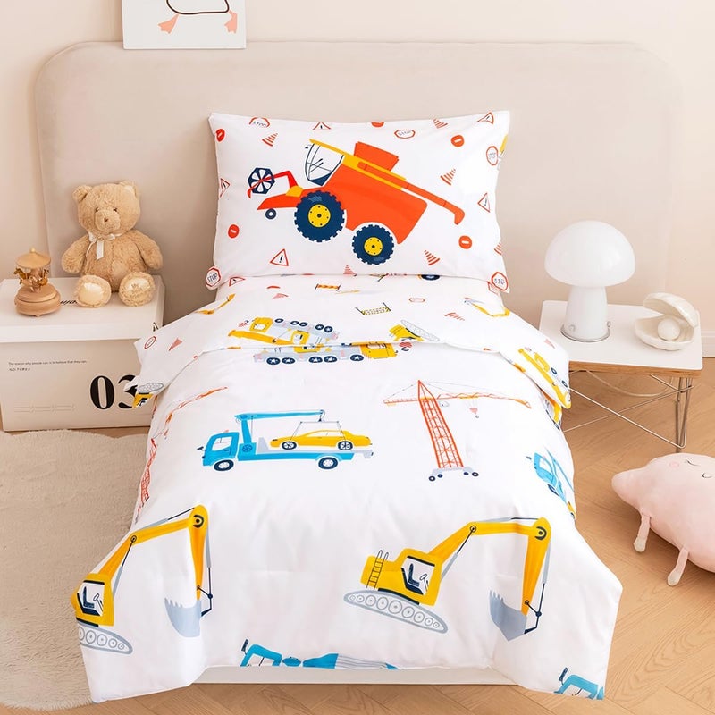 PERFEMET 4 Pieces Construction Toddler Bedding Set Excavator Truck Boy Toddler Bed in A Bag Colorful Reversible Cartoon Tractors White Crib Comforter Set for All Seasons(White, Truck/Tractor) - Image 1
